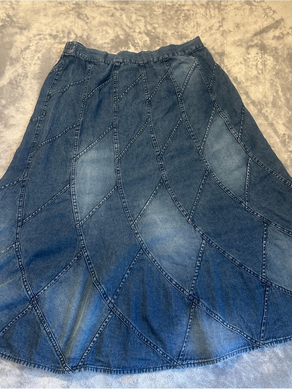 Studio West Patchwork Denim Skirt Blue Boho Rodeo Cowgirl Sz Large